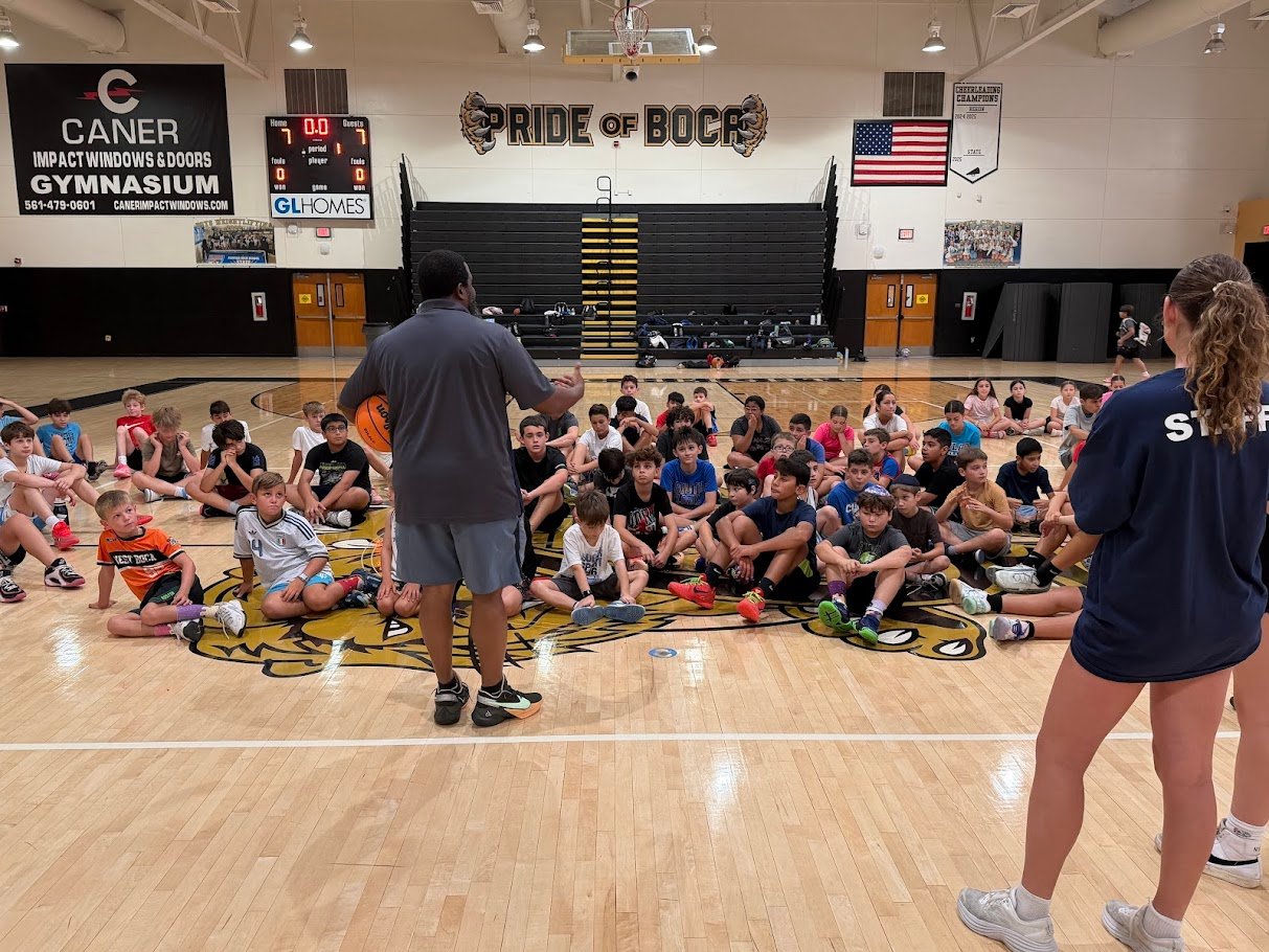 Boca Basketball summer camp coach addressing campers at the Pride of Boca gymnasium